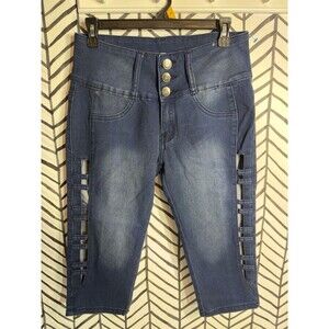 NWOT AQ Jeans Dark Blue Open Scrappy Panels Capri Jeans Juniors Women’s 7 6016